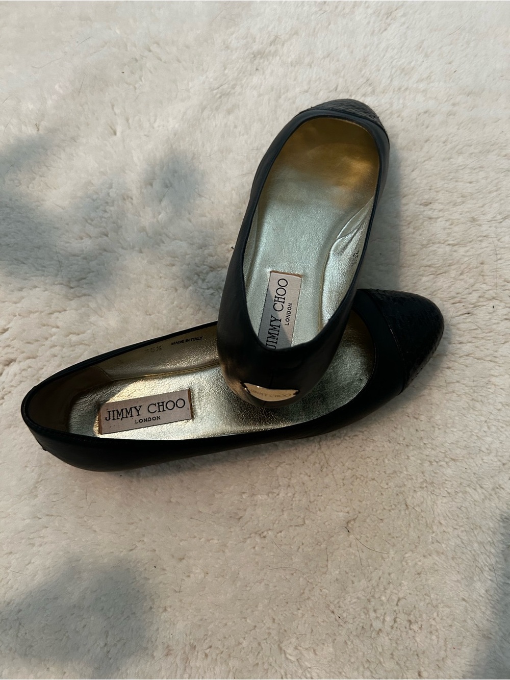 Jimmy Choo Black Leather and Gold-Trim Ballet Flats
